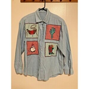 Women’s L Christmas Patchwork Denim Pearl Button Shirt VTG Fashion Art to Wear
